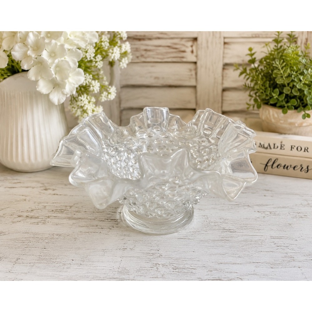 Vintage Fenton Clear Glass Hobnail Ruffled Edge Bowl Crimped Art Glass Dish